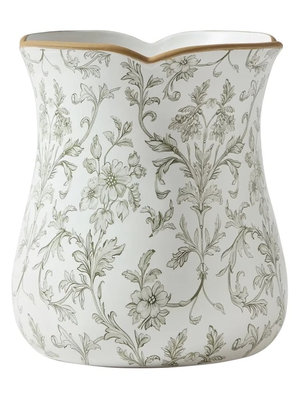My Texas House 8” White/Green Floral Scallop Trim Ceramic Vase